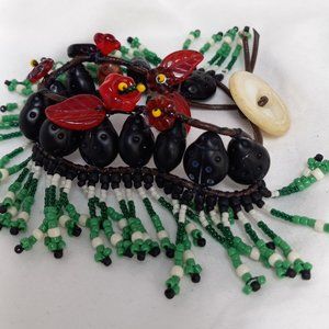 Woven Bracelet w/ Black Ladybug Beads, Red Flowers, Green Fringe, Vintage Button
